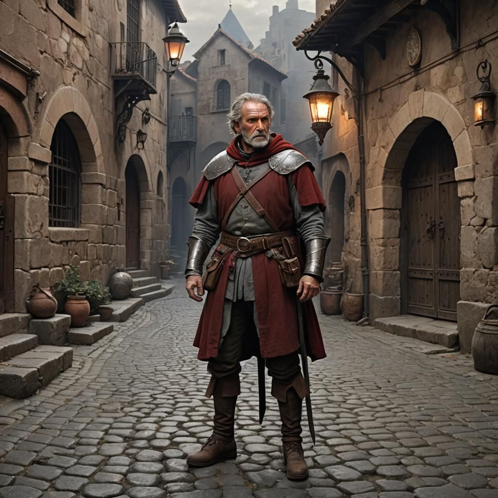 Medieval Warrior in Dark Street, Digital Matte Painting