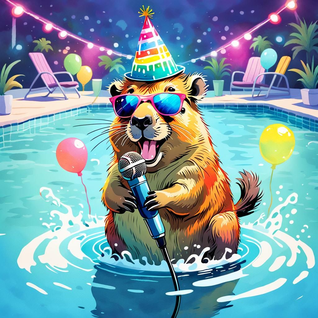Capybara Karaoke: 80s-Style Watercolor Cartoon Illustration