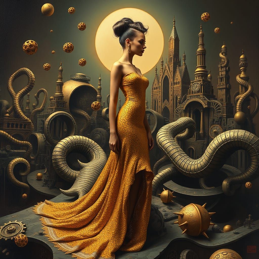 Armadillo Dress in Surreal Biomechanical Landscape