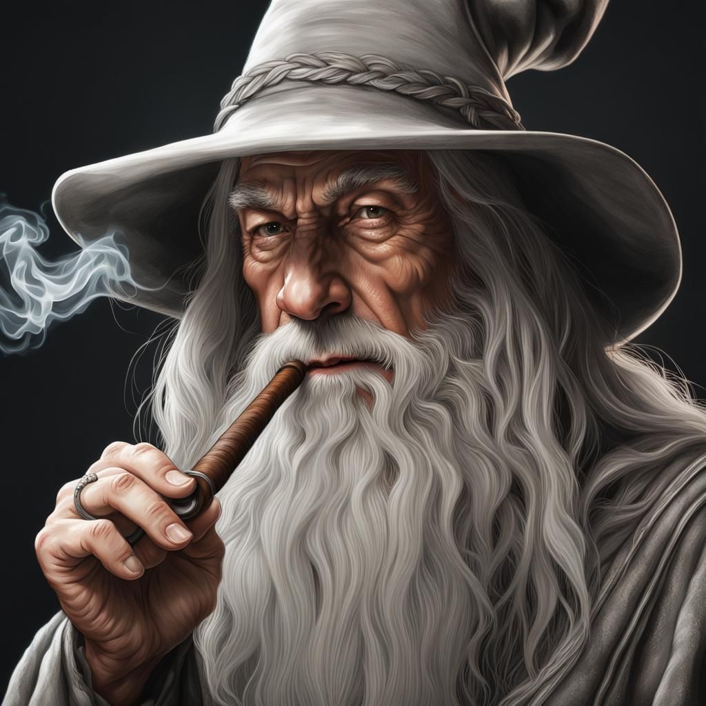 Gandalf Smoking Pipe: Hyperrealistic Charcoal Portrait