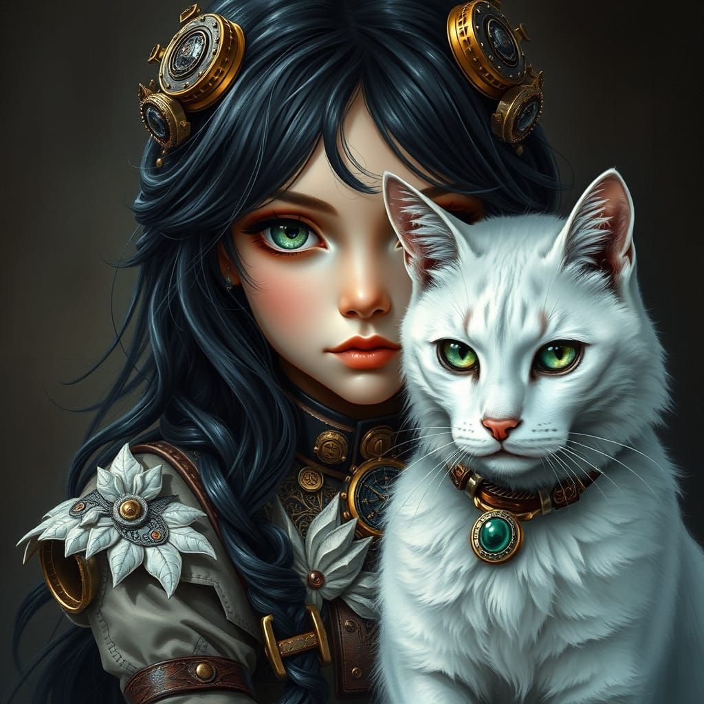 Steampunk Girl with Emerald Eyes in Intricate Attire