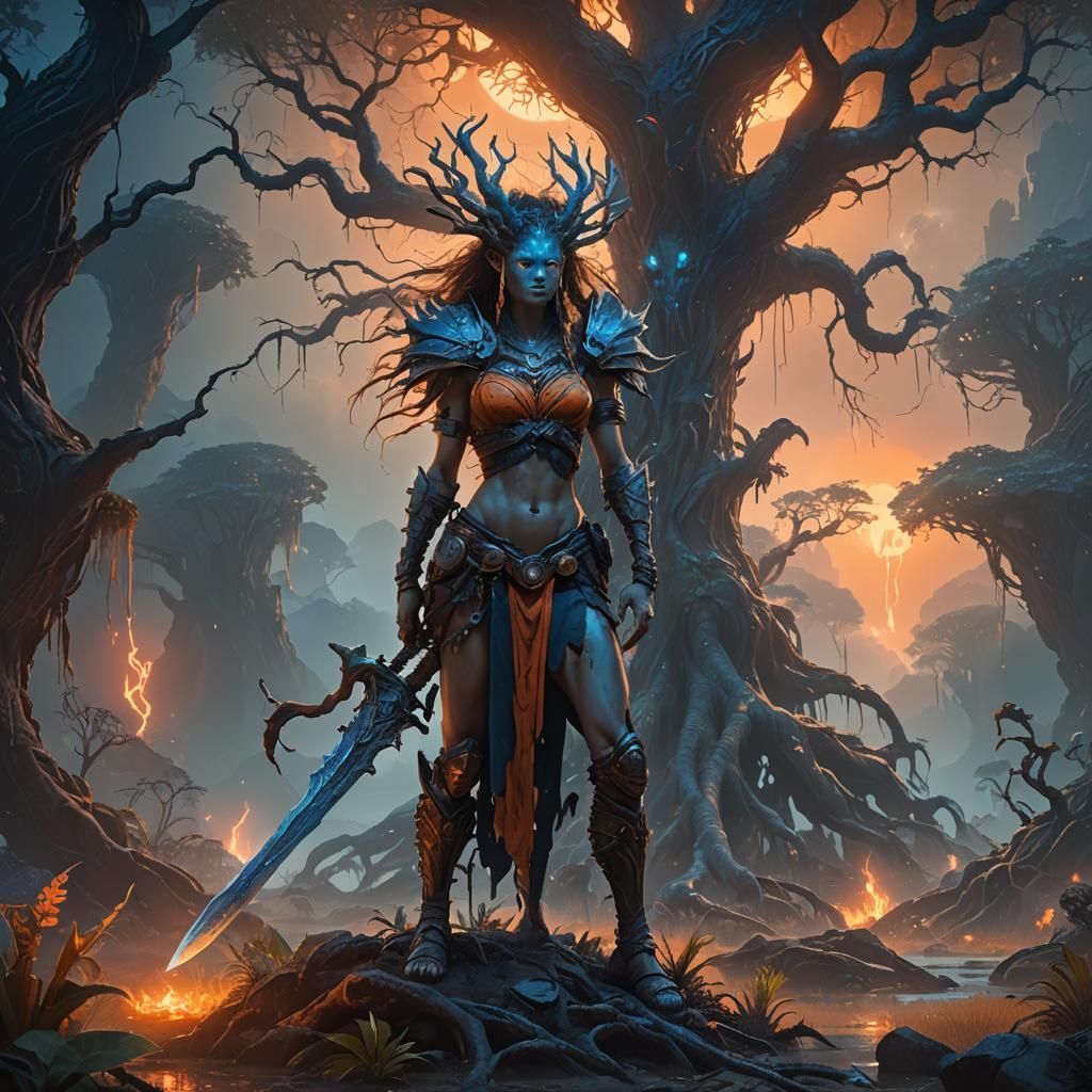Barbarian Woman in Alien Landscape: Fantasy Concept Art