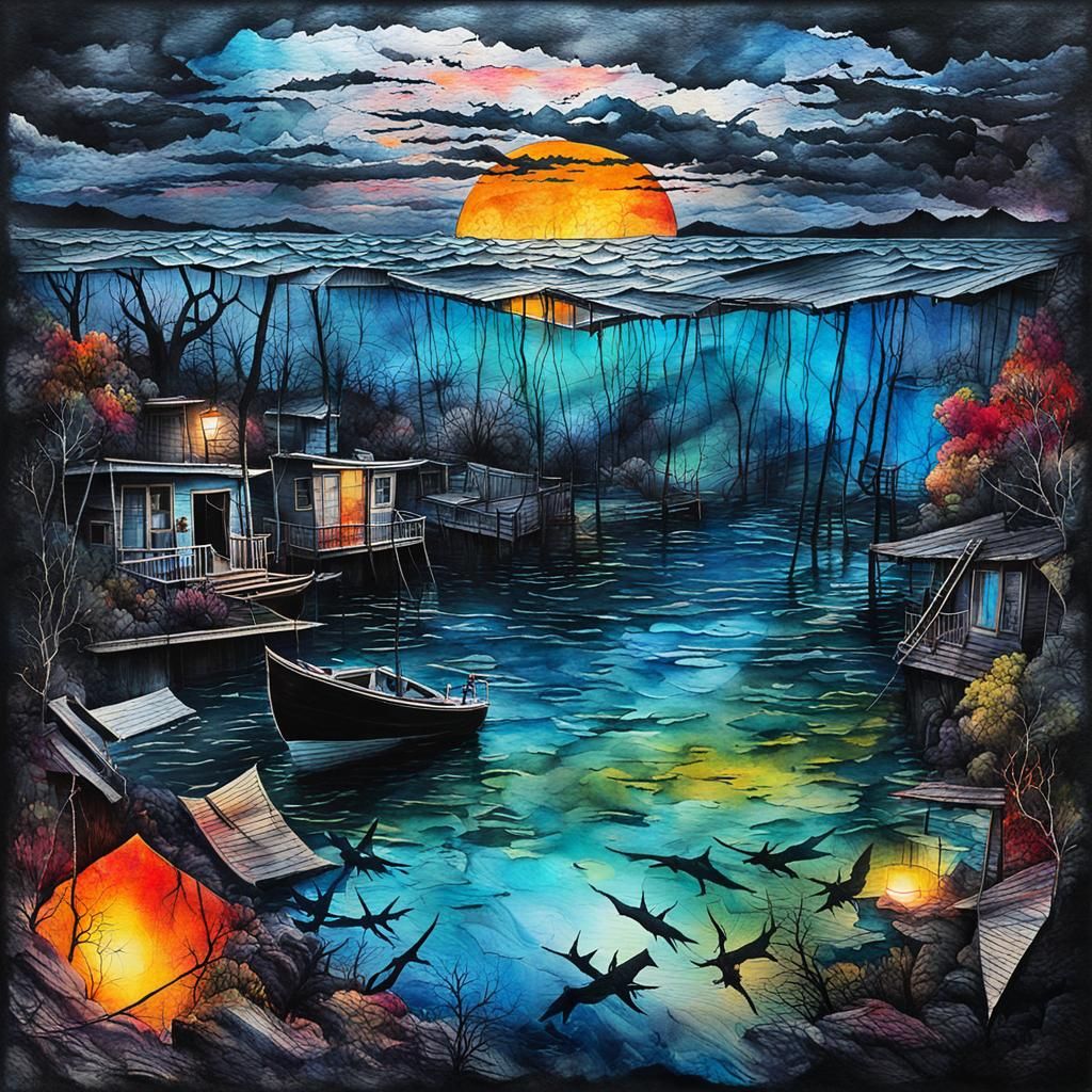 Aerial Mixed Media Collage of Submerged Dawn