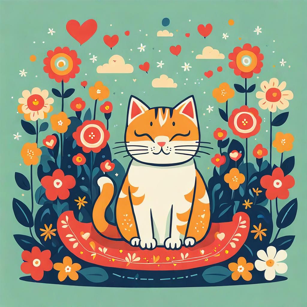 Cute Cat Surrounded by Flowers in Cartoon Style