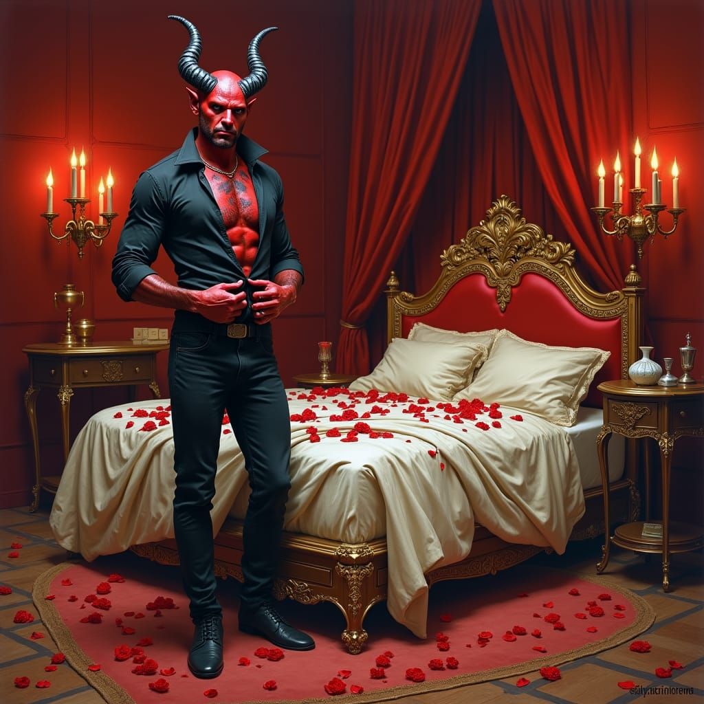 Tiefling in Opulent Boudoir, Oil Painting