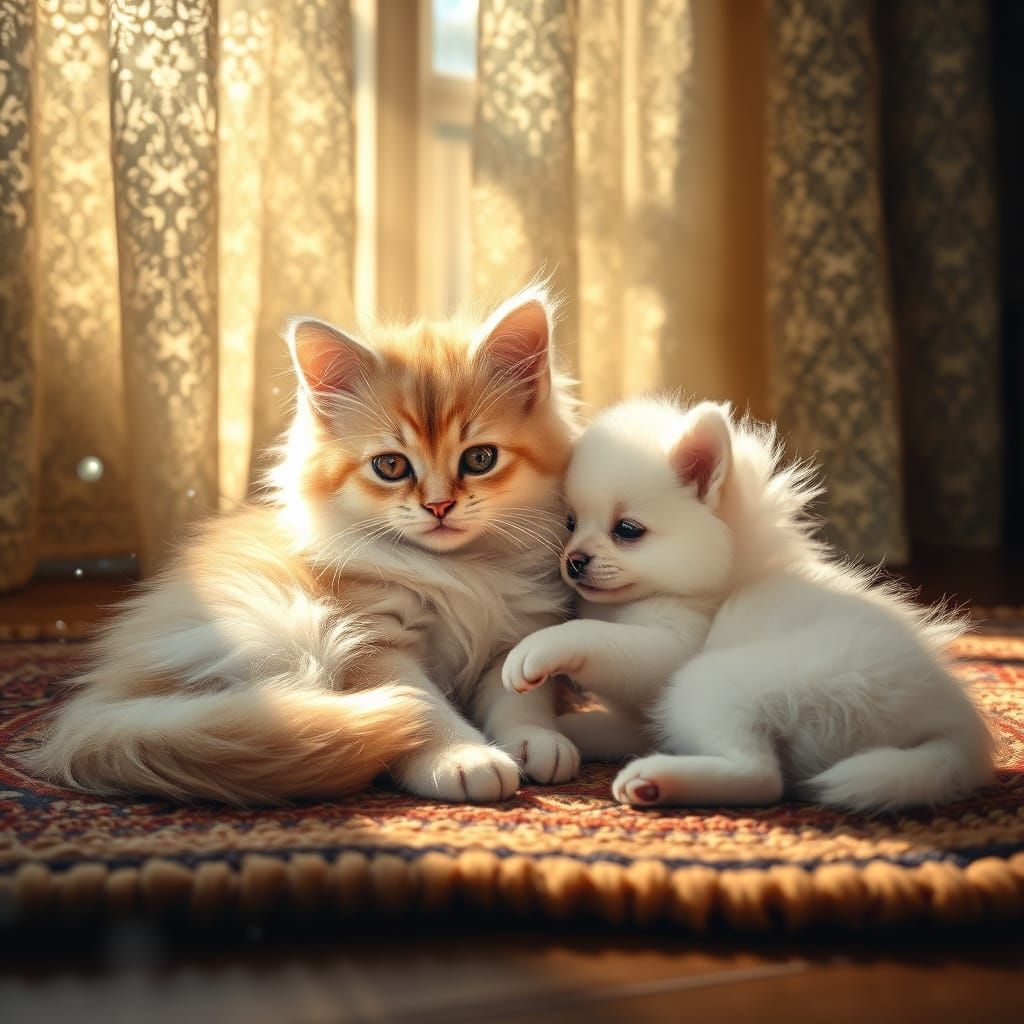 Kitten and Puppy Snuggle in Sunlight: Detailed Animal Portra...