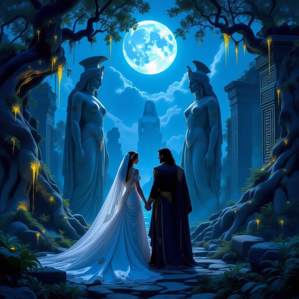 Moonlit Ancient City with Divine Statues in Visionary Style