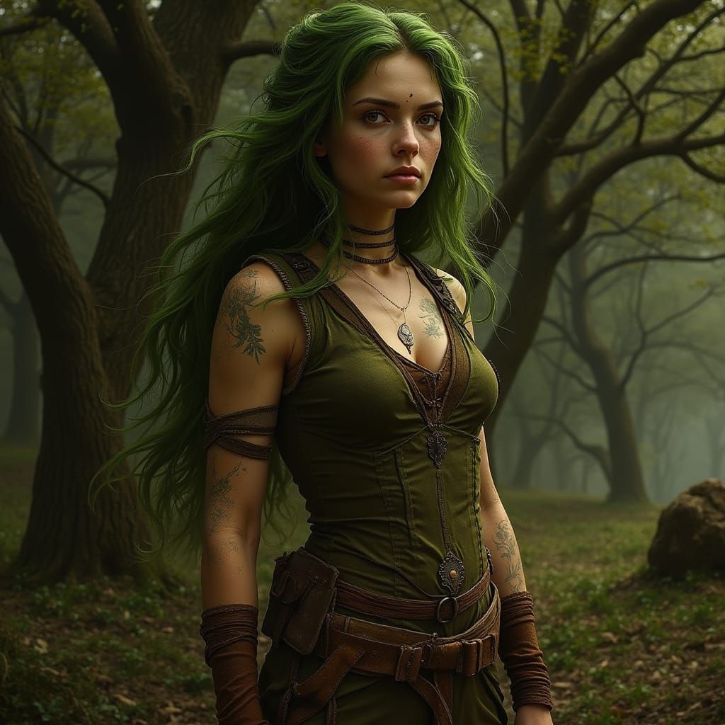 Dryad with Flowing Green Hair in Majestic Oak Forest