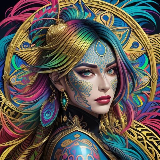 Pop Art Portrait: Woman with Serpent Body and Peacock Hair