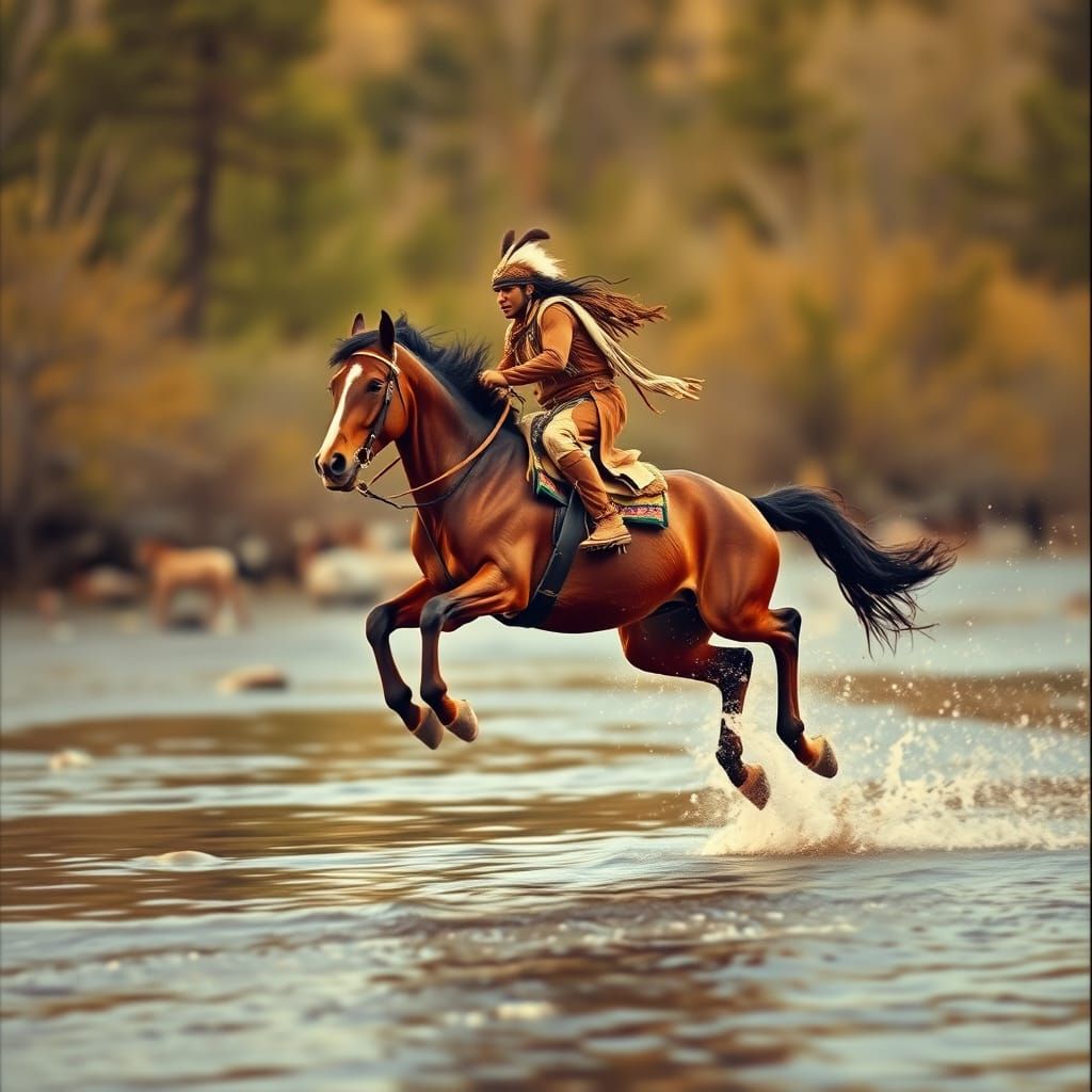 Native American Leaping River on Horse in Impasto Style