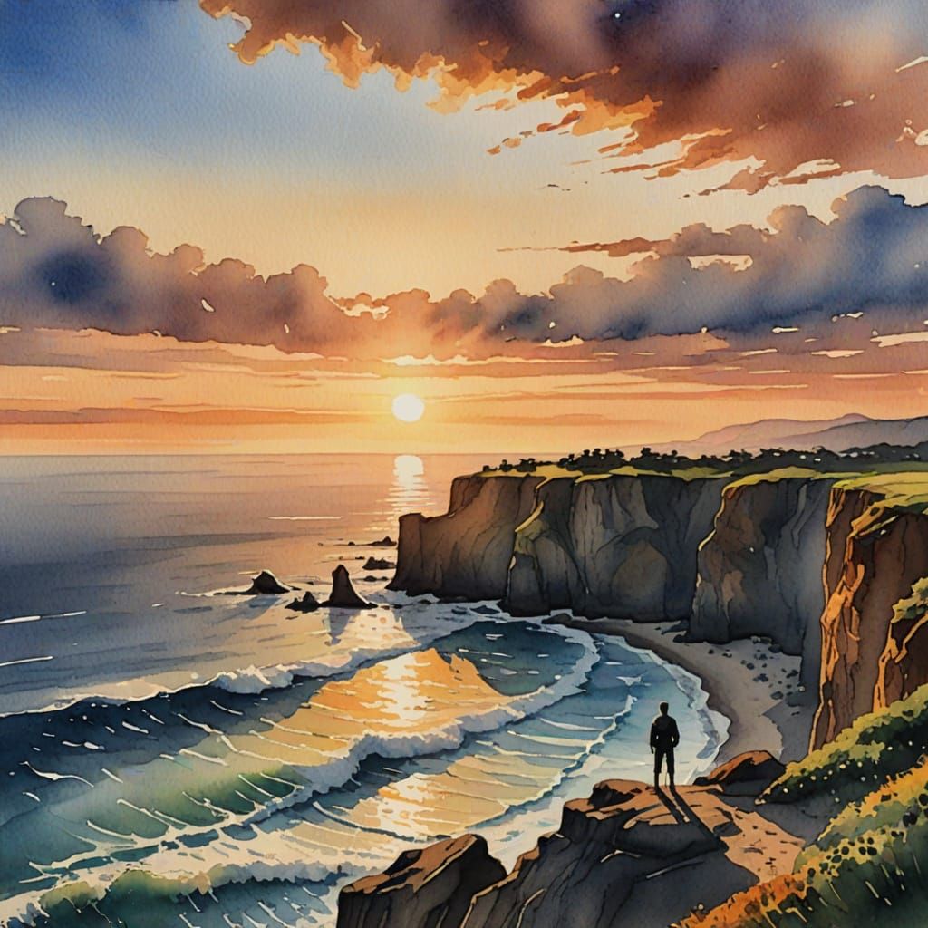 Pacific Ocean Sunset Over Cliffs In Watercolor Style
