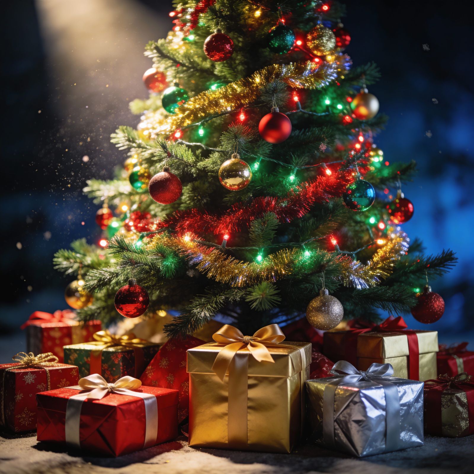 Detailed Christmas Tree with Presents and Lights