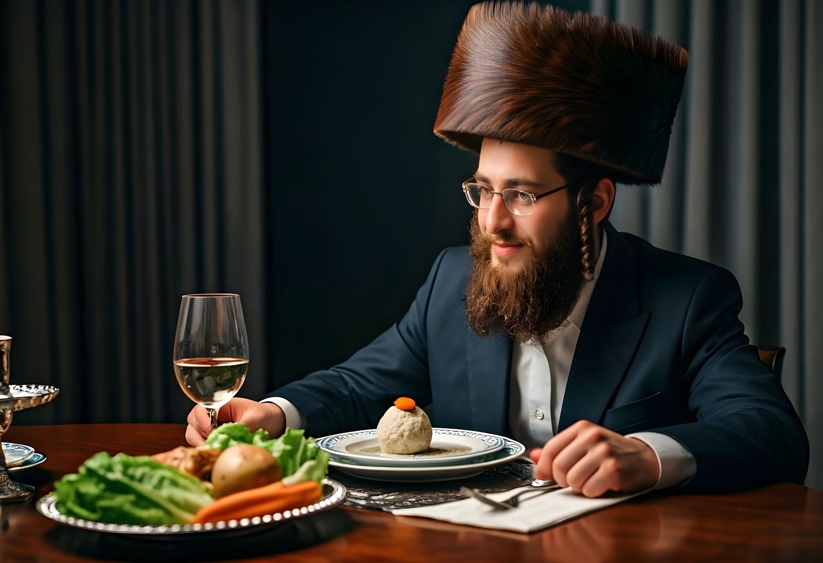 Serene Hasidic Man Savoring Passover Feast