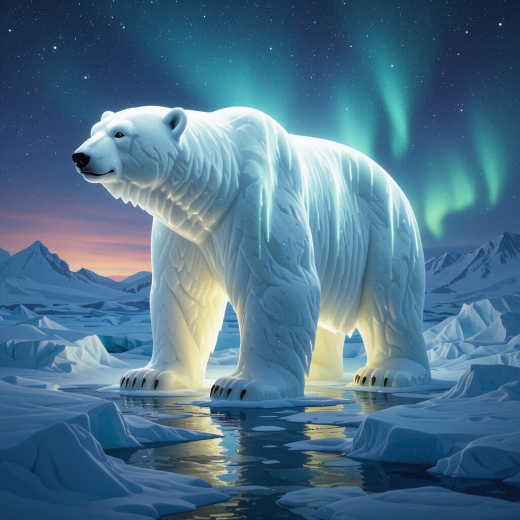 Soapstone Polar Bear Emerging from Arctic Ice with Aurora