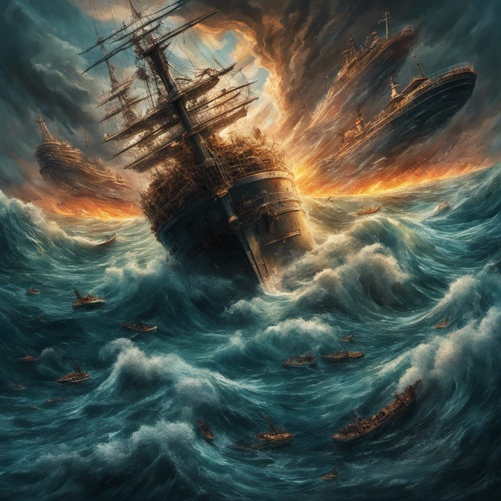 Dramatic Drowning Ships on Swirling Sea
