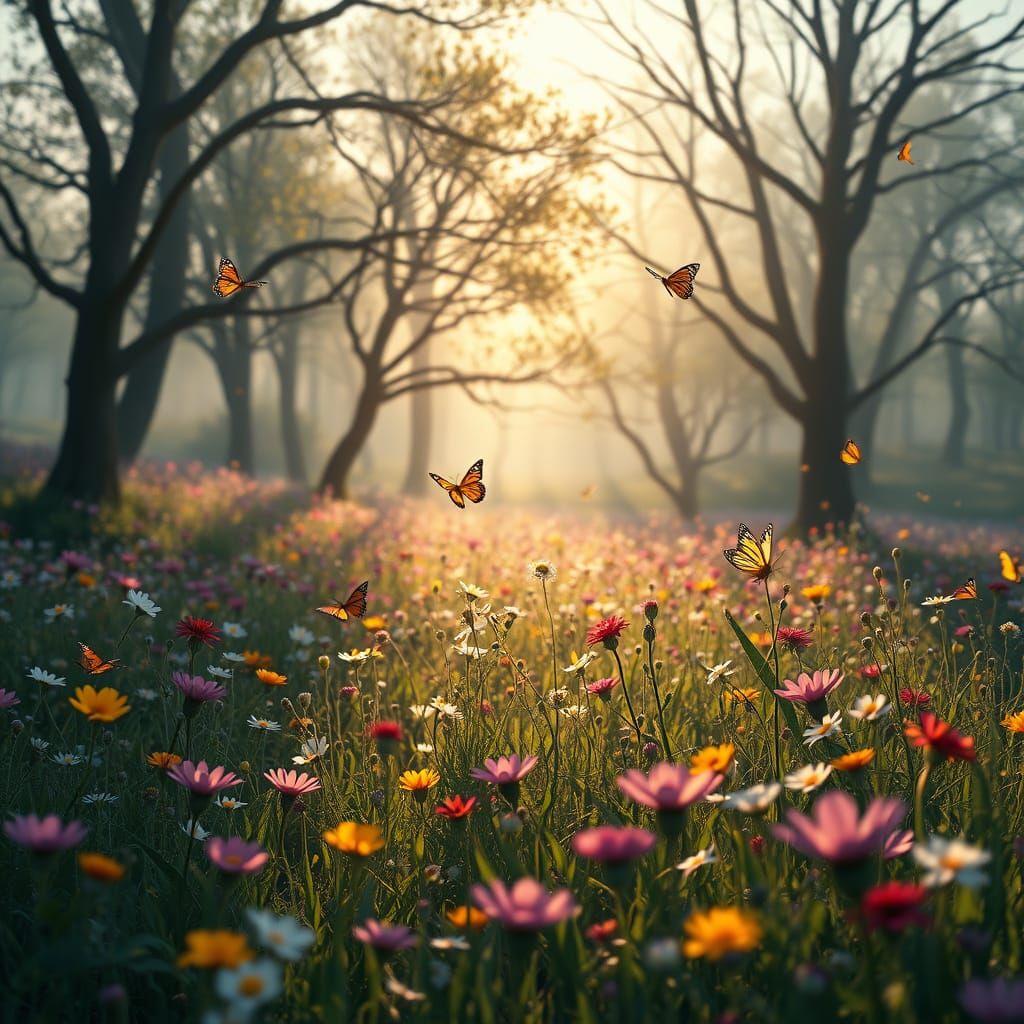 Serene Spring Meadow in Vibrant Colors and Soft Light