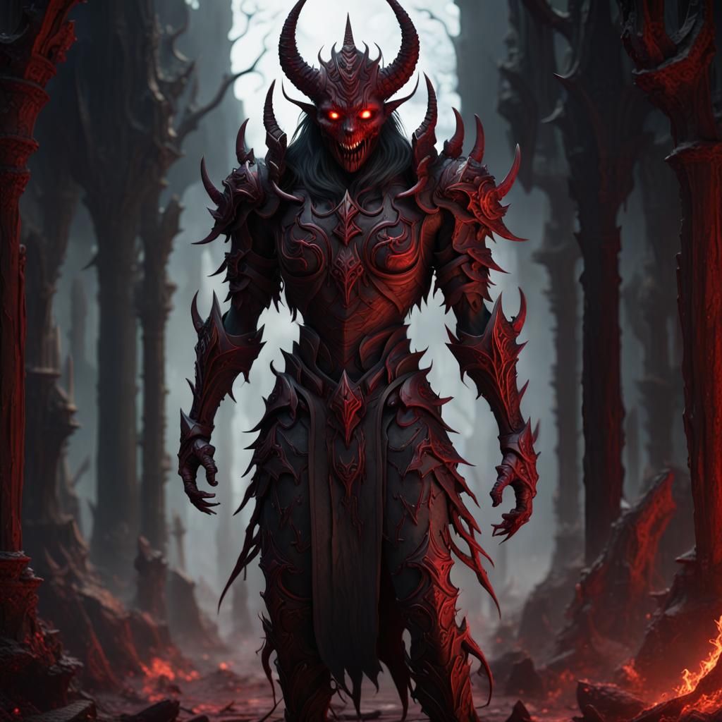 Demonic Red Figure in Hellish Landscape