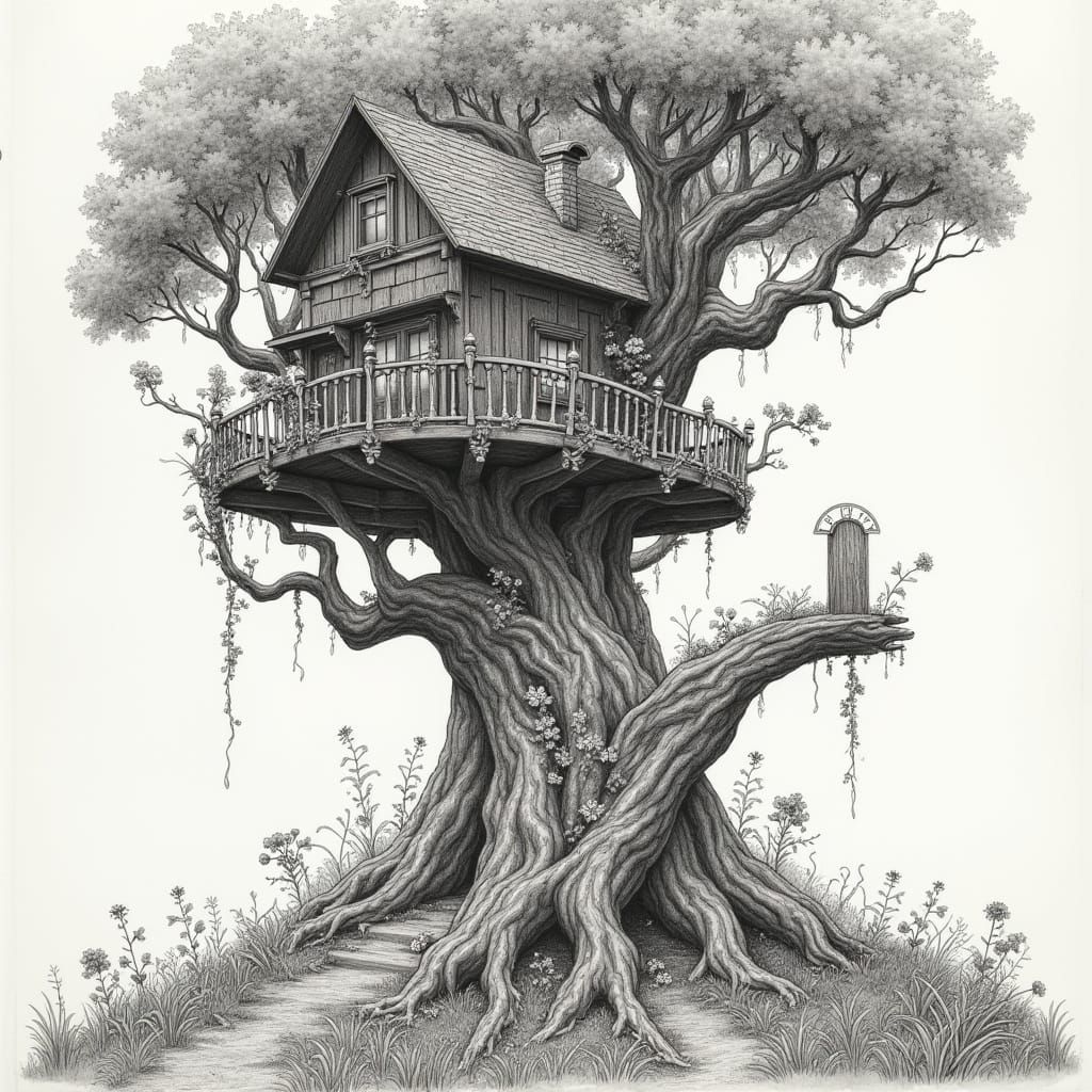 Whimsical Treehouse Wonderland in Intricate Pencil Drawing