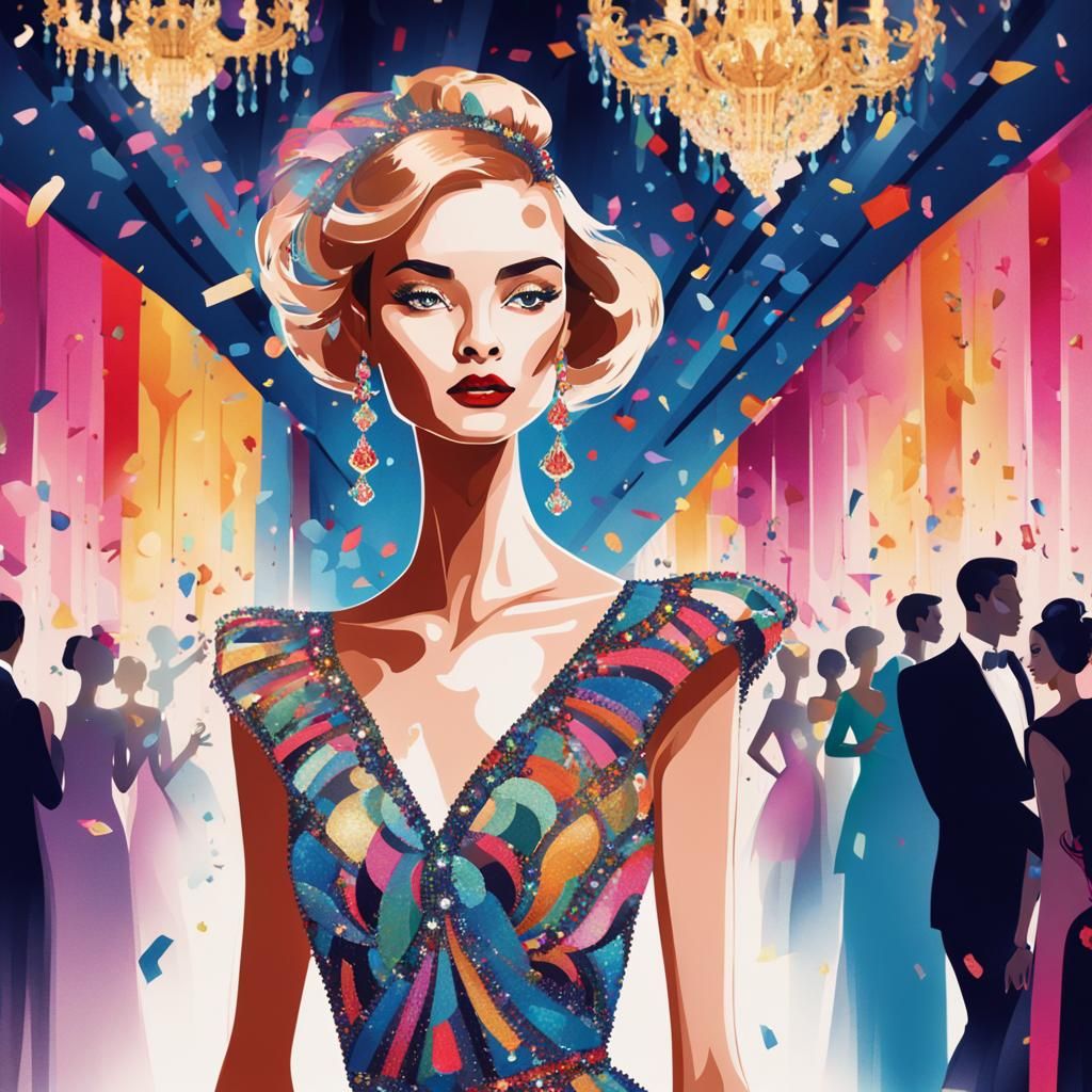 Fashion Illustration of Model on Catwalk in Erté Style