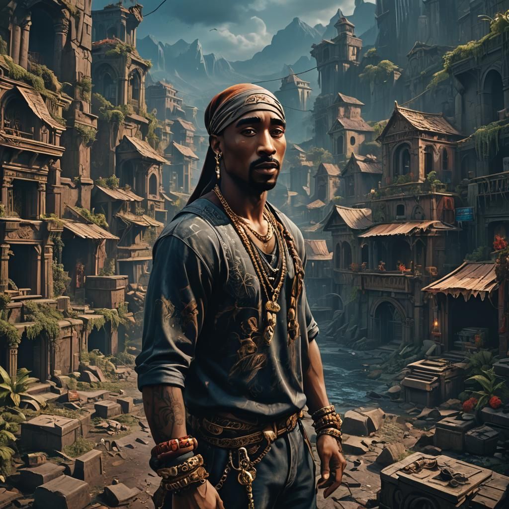 Detailed Matte Painting of Tupac in Deep Color