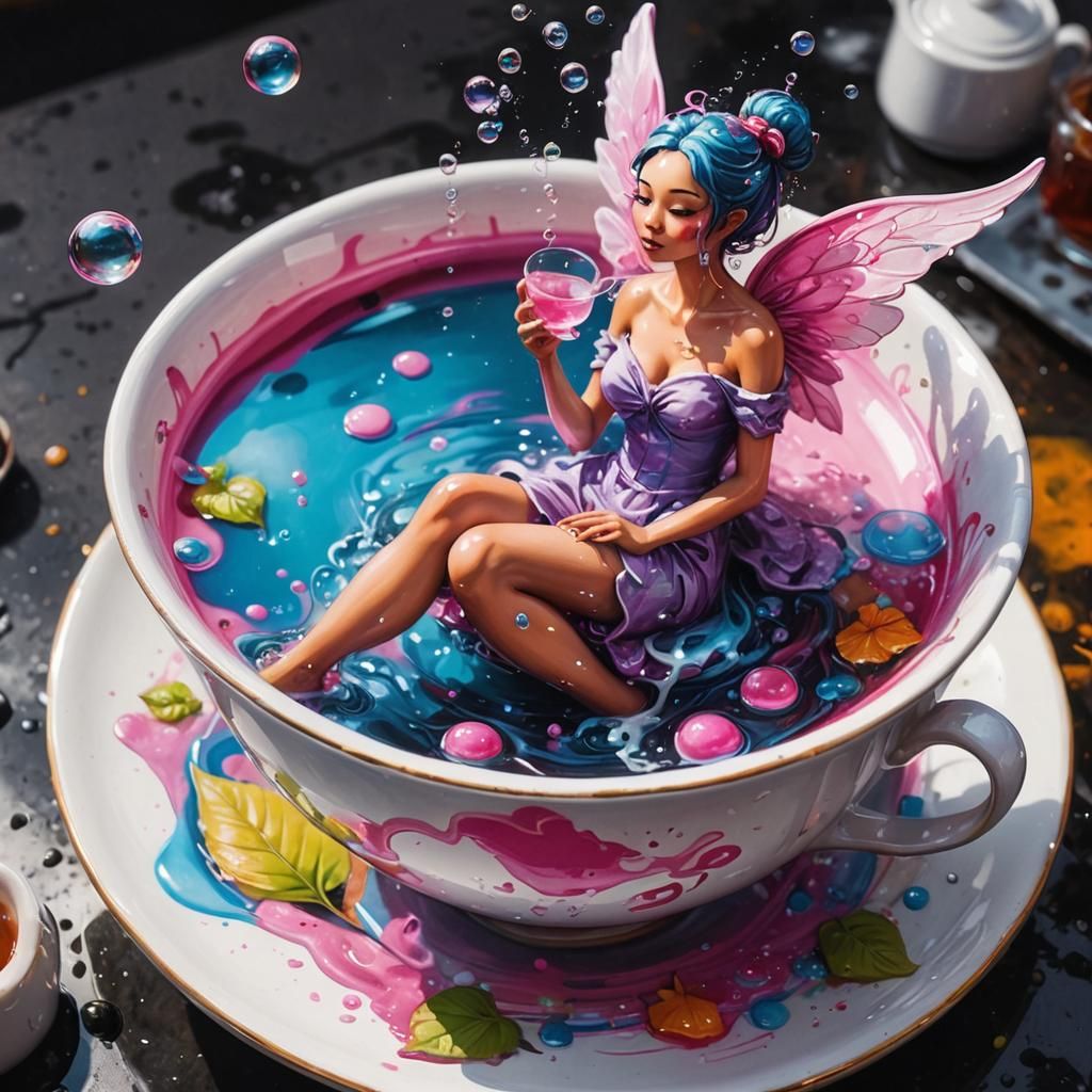 Fairy Bubble Bath in Teacup: Graffiti Art Style