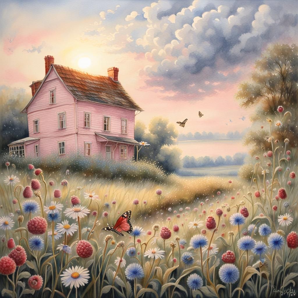 Watercolor Landscape with Pale Pink Light and Dew