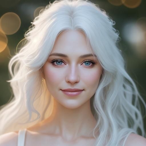 Serene White-Haired Beauty in Soft, Golden Light