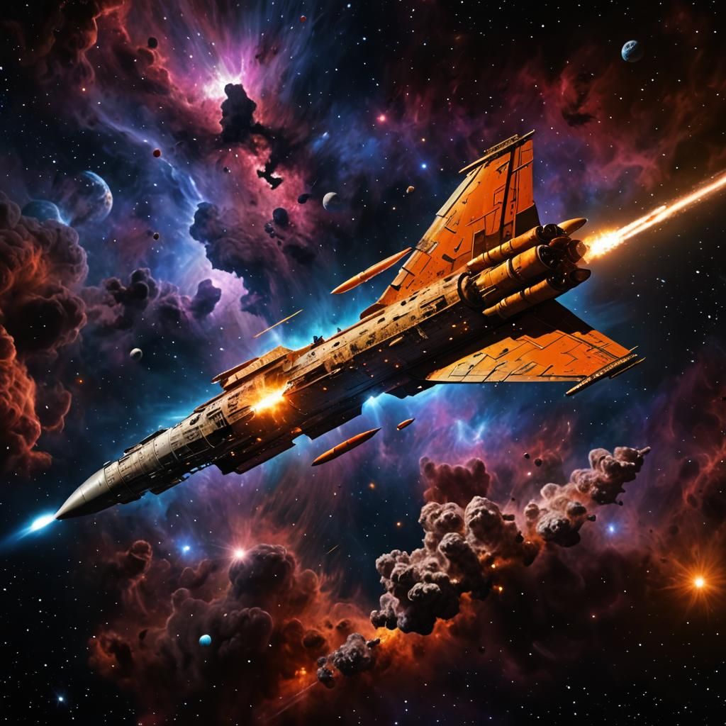Battleship Rocket Soaring Through Space: Hyperrealistic Digi...