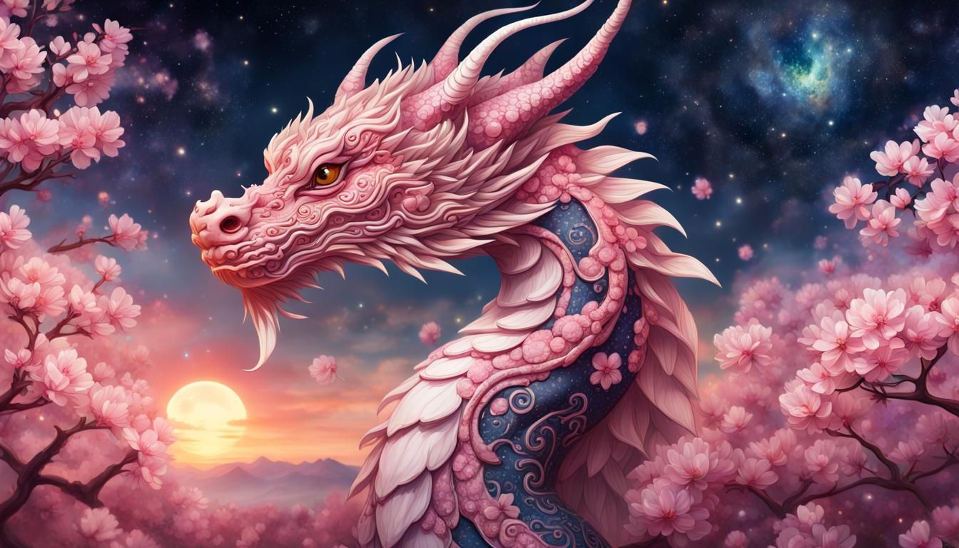 Ornate Cherry Blossom Dragon in Sunset Field