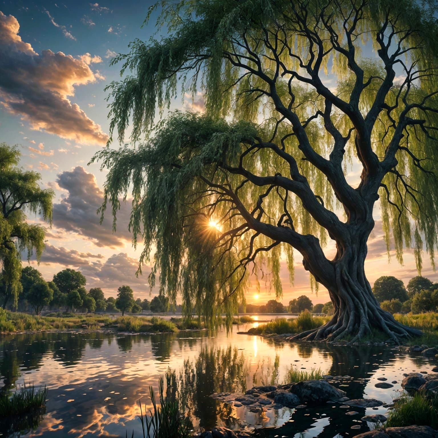 Weeping Willow Sunset: Fantastical Matte Painting