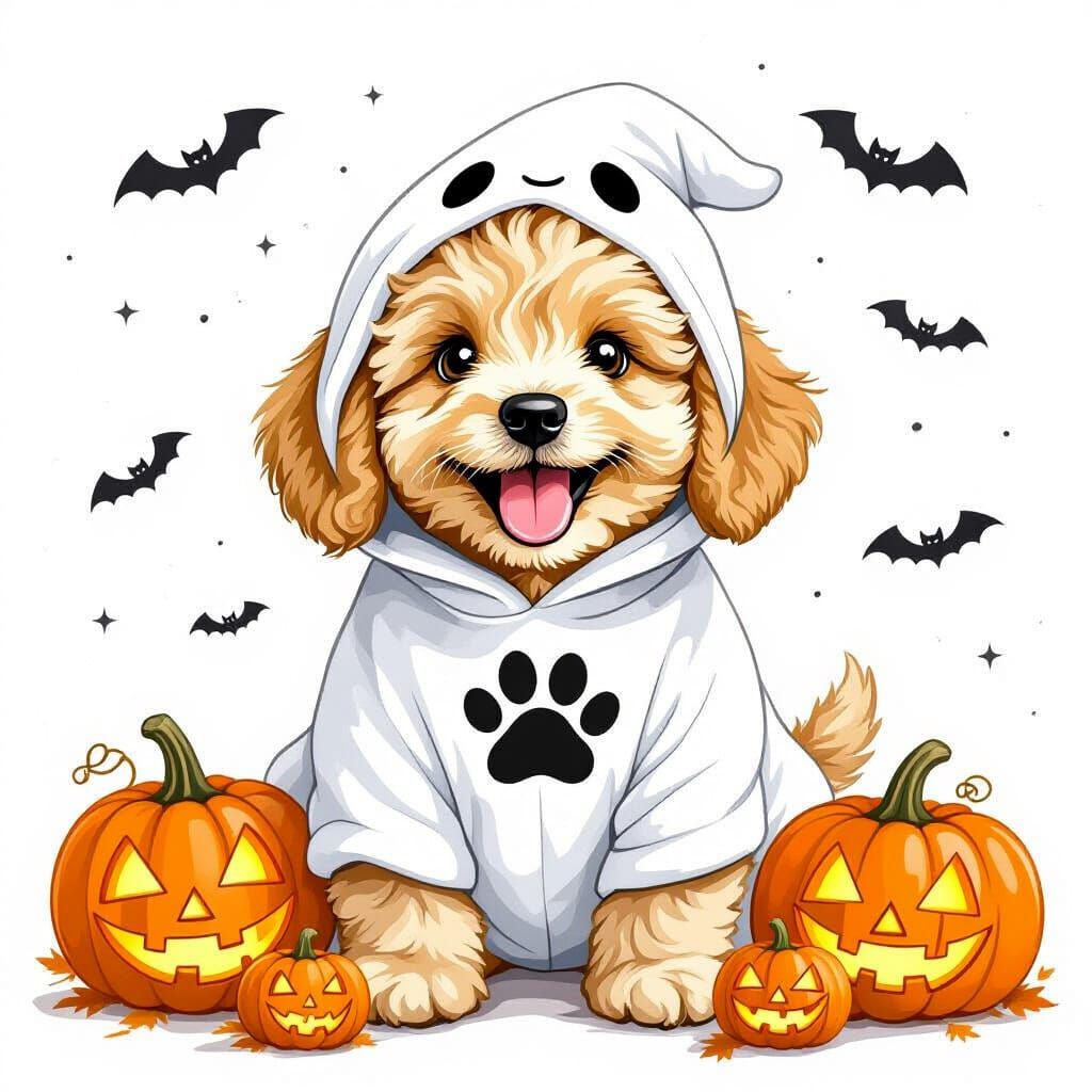 Halloween Goldendoodle Puppy in Ghost Costume