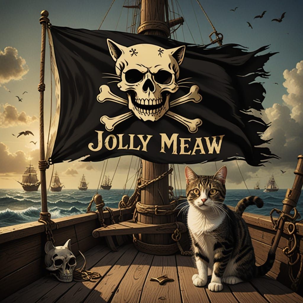 Pirate Cat Skull Flag with Fish Bones "Under Jolly Meaw"