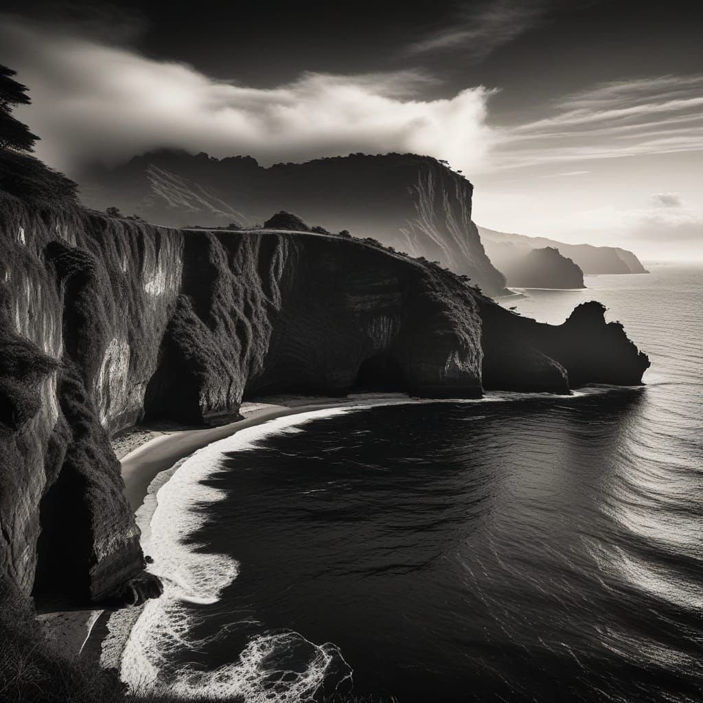 Nusa Penida Island at Dawn: Hyperdetailed Charcoal Drawing