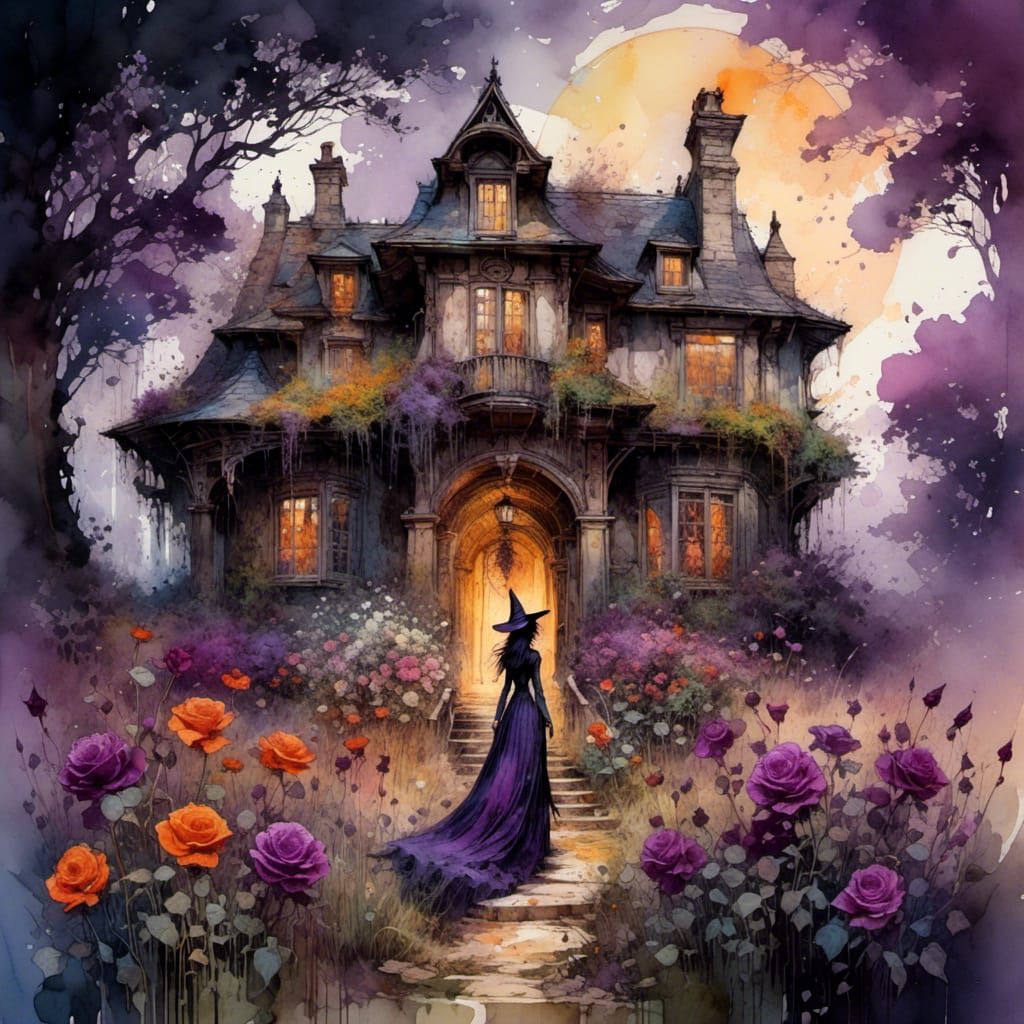 Witchy Cottage in Flower Field, Impressionist Painting