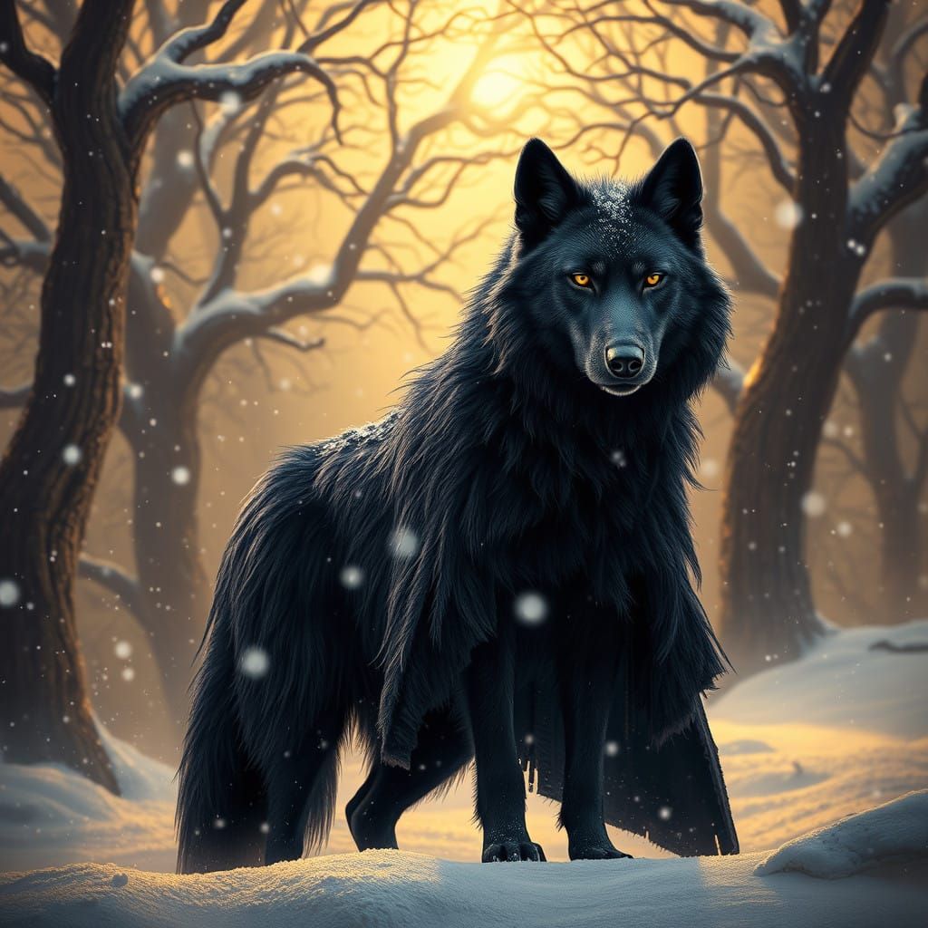 Majestic Black Wolf in Winter Wonderland