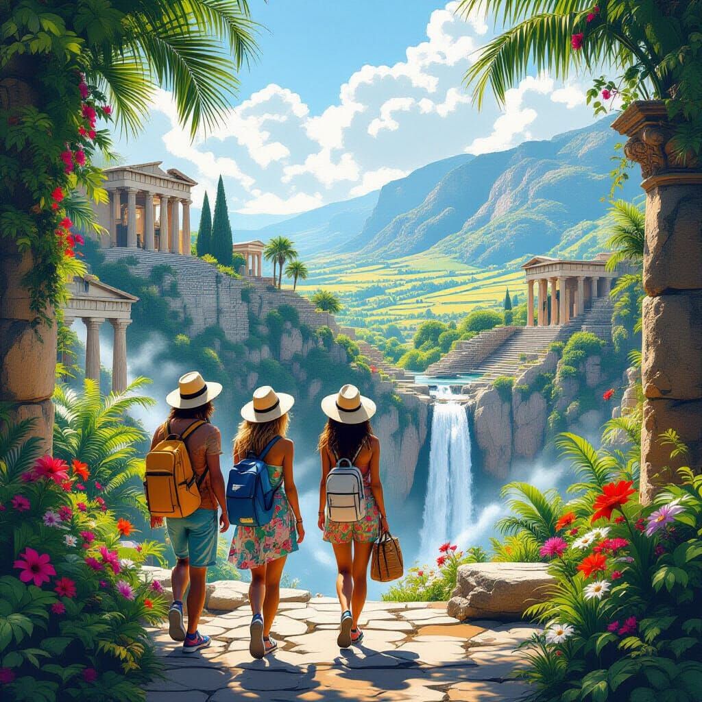 Tropical Ruins: Tourists Explore Ancient Greece