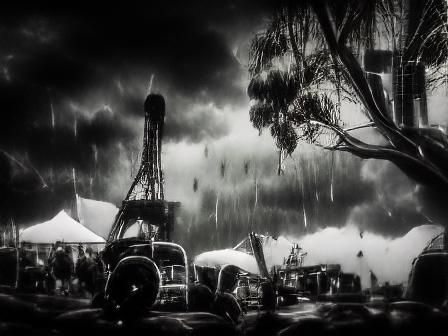Film Noir Cityscape in Rain, Black and White