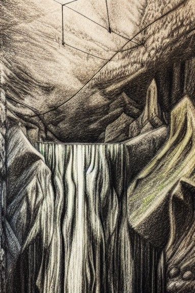Waterfall and Mountains: Impressionistic Pencil Sketch