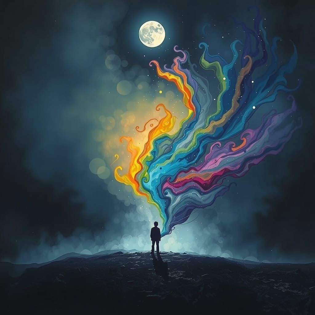 Surreal Child's Drawing in Vibrant Crayon and Rainbow Light