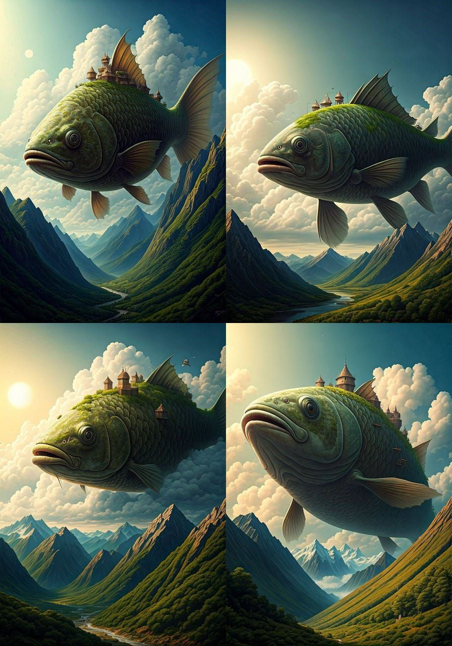 Colossal Ancient Fish Swimming Through Clouds Over Mountains