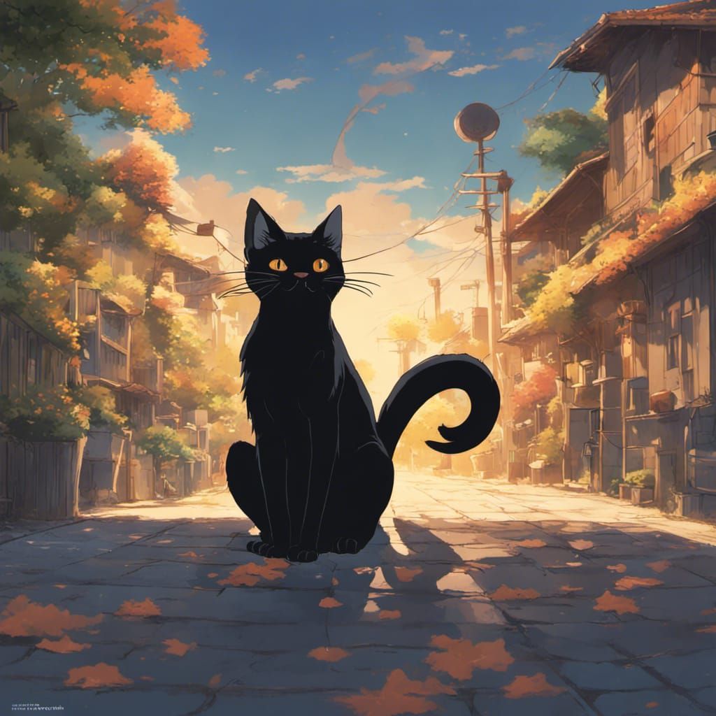 Whimsical Black Cat with Devil Tail in Anime Style