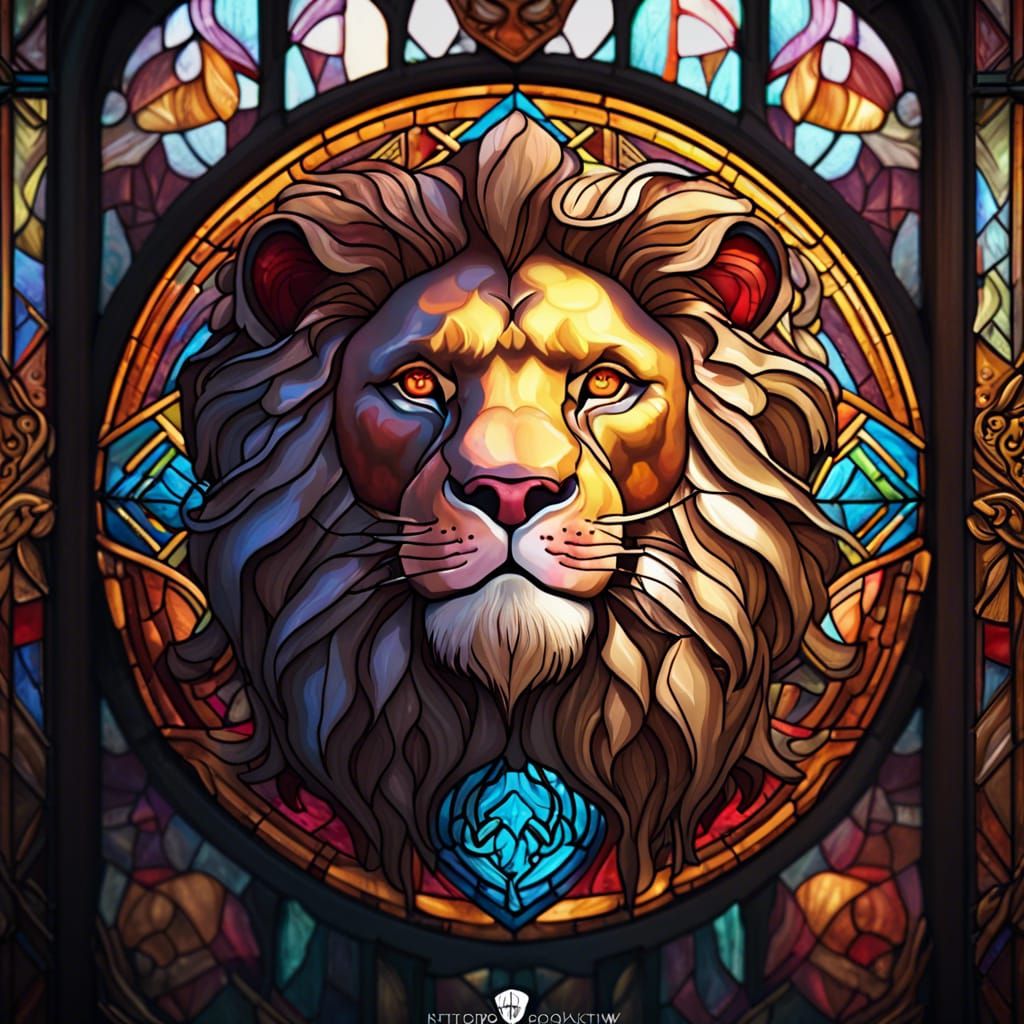 Stained Glass Lion Portrait in Hyperdetailed Style