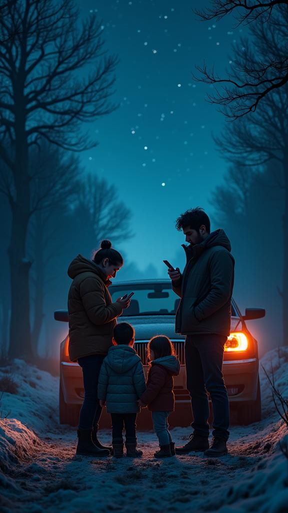 Distressed Family Under Starry Sky in Matte Painting Style