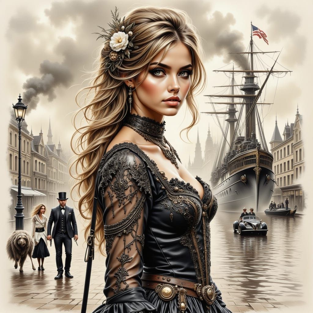 Steampunk Girl in Dark Fantasy Port, Watercolor Pencils