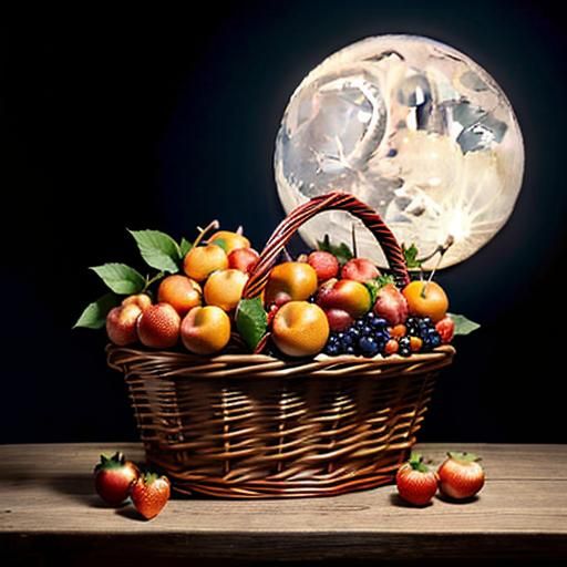 Abundant Fruit Basket Still Life Under Moonlight