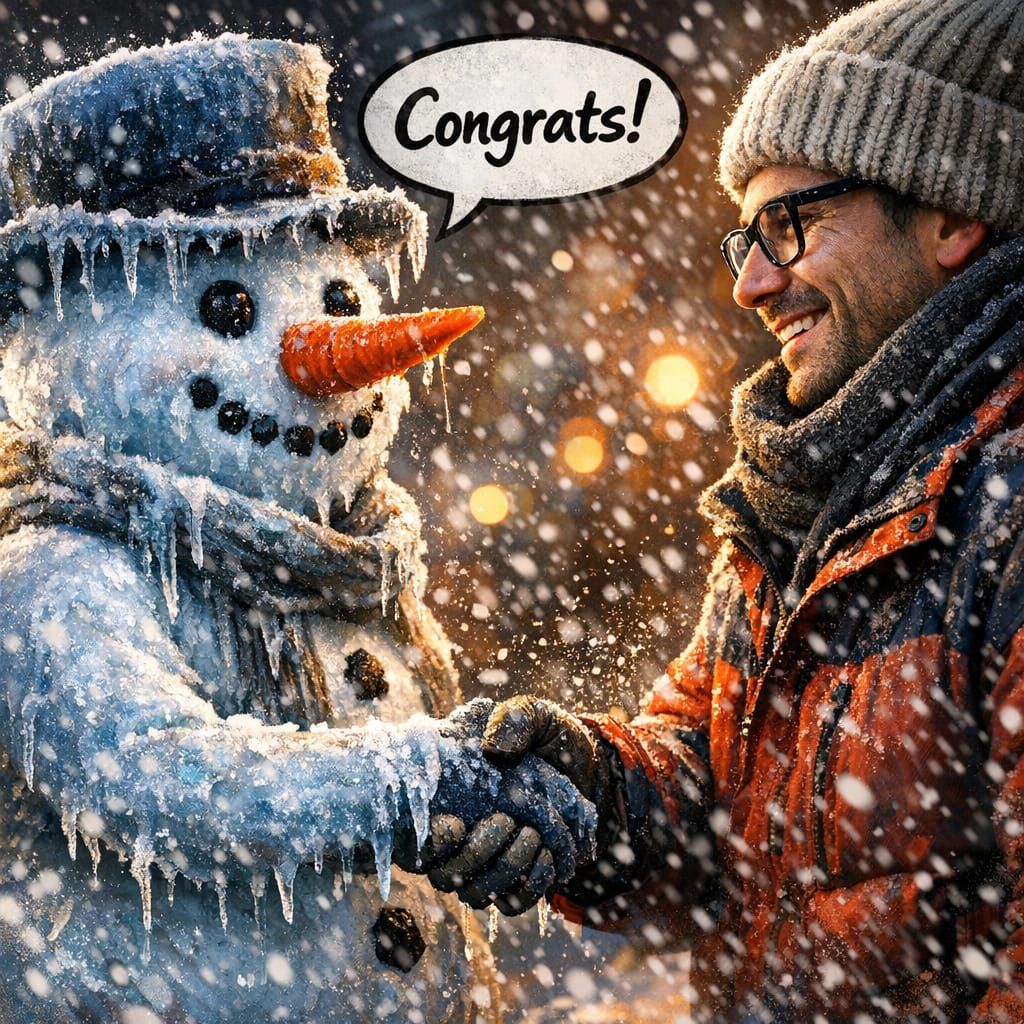 Cute Snowman Shakes Hands, Offers Congrats