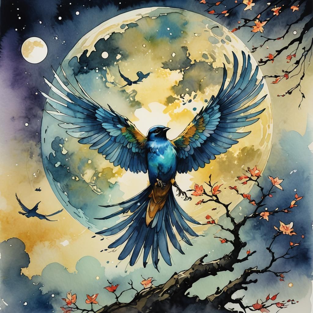 Colorful Bird Under Moon: Watercolor Comic Illustration