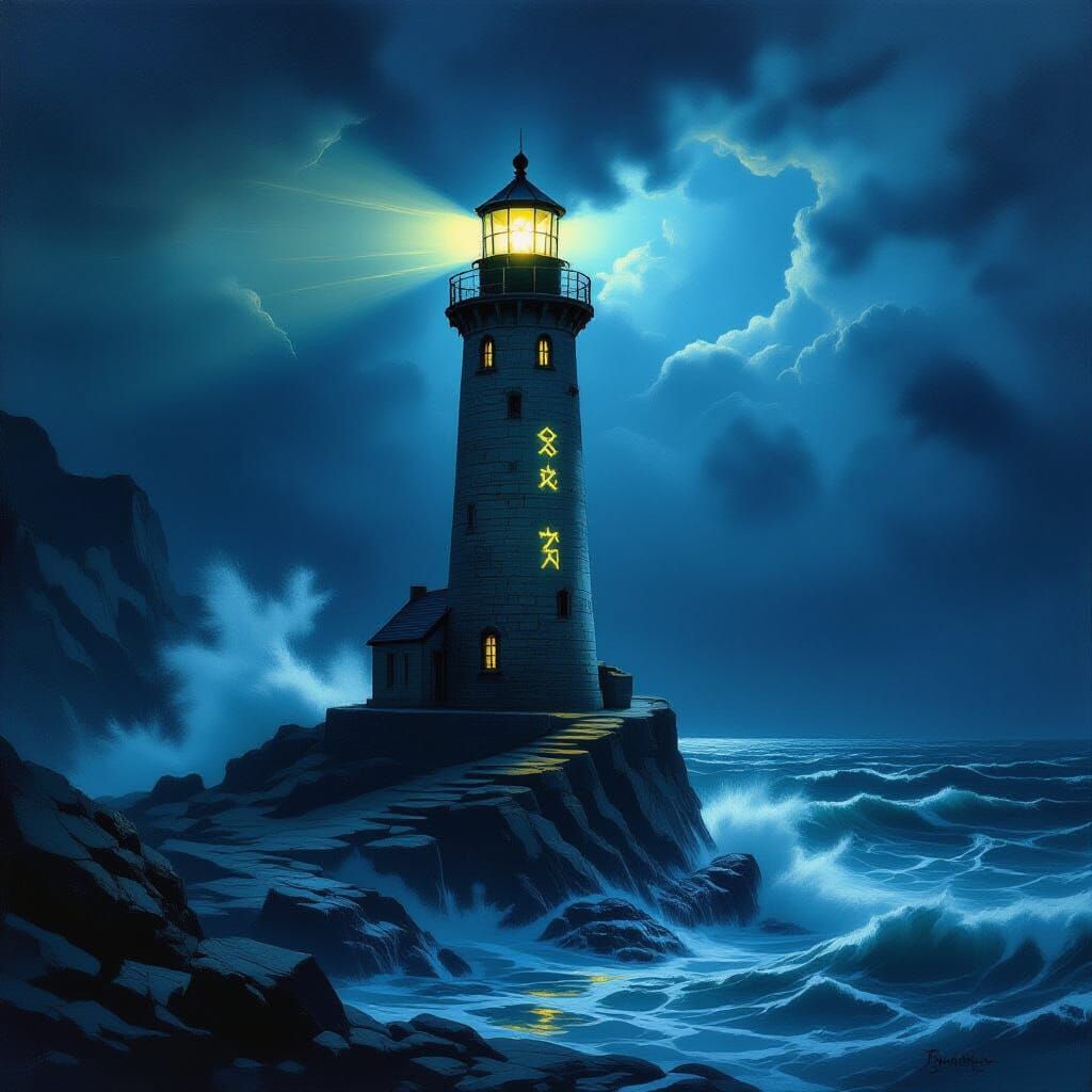 Weathered Lighthouse Against Stormy Sea, Ethereal Glow