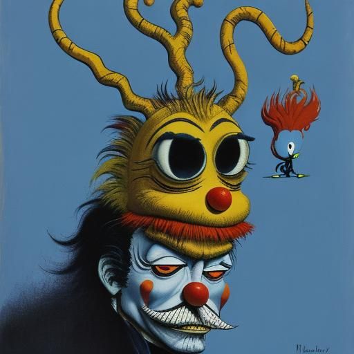 Surreal Clown in Cartoon Style Gouache Painting