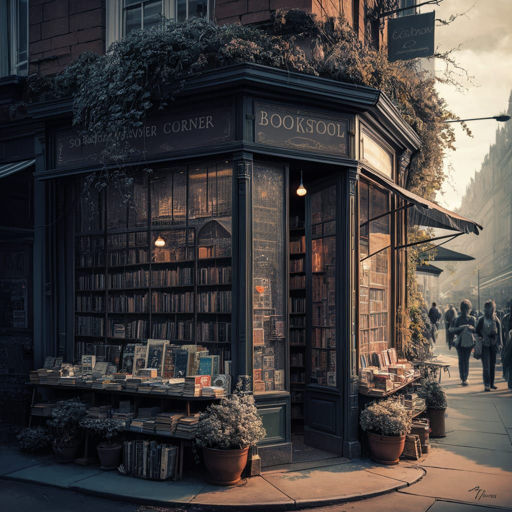 Cozy Corner Bookstore in Charcoal Drawing Style